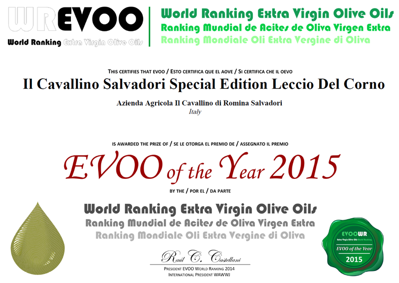 Il Cavallino Special Edition Leccio del Corno tra i primi migliori oli extravergine di oliva del mondo - Premio EVOO of the year 2015